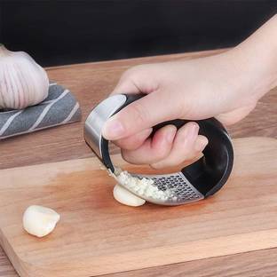 Atmiya Creation Multi-Function Manual Garlic Press Grinding Slicer - Stainless Steel Garlic Mincer Crusher, Peeler and Chopper with Handle Single Mould Pie Crust Cutter Stripes Garlic Press