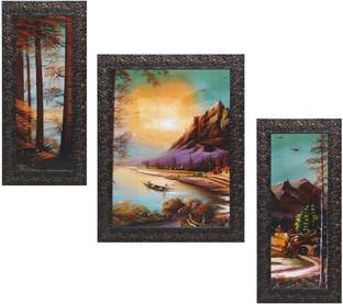 Indianara Set of 3 Lakeside Mountain Terrain Painting (3254) Digital Reprint 13.5 inch x 10.2 inch Painting