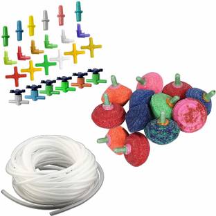 Jainsons Pet Products Soft Plastic Oxygen Pump Hose-Air Bubble Stone Aquarium Fish Tank White, 10 M/4x6 Mm Air Tube with 12pcs Air Stone and Air Tube Outlet Multicolor Connector 24 Pcs Aquarium Air Stone