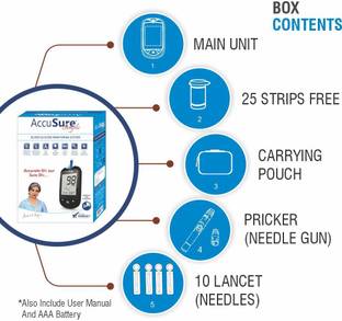 AccuSure Glucometer Machine Comes with 25 Test Strips & 10 Lancet Glucometer
