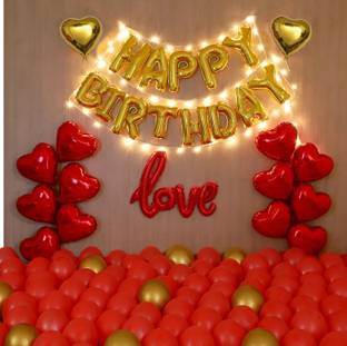 Bash N Splash Solid Happy Birthday Balloons for Decoration kit with 12pc Heart Shape, 1pc Happy Birthday Letters, 1pc Red Cursive Love Letter, 2pc Golden Heart, 10pc Golden and 50pc Red Balloons, (Pack of 89) Balloon