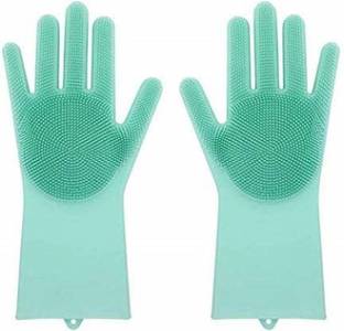TRENDBIT Reusable Rubber Silicon Household Safety Wash Scrubber Heat Resistant Kitchen Gloves for Dish washing, Cleaning, Gardening Wet and Dry Glove hand gloves for kitchen (multicolour) ( pack of 1 set) Wet and Dry Glove Set