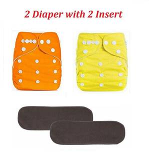 Baby Hashtag Reusable Baby Washable reusable Cloth Diaper With 2 Bamboo Charcoal Inserts 4 Layer(Pack of 2 Orange and Yellow Diaper and 2 Insert) - S - M