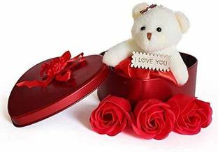 Crispy toys Artificial Heart Shaped Box And Teddy And Roses (Red, Soap Flower Gift Box With 3 Pieces Roses 1 Small Bear Doll)  - 11 cm