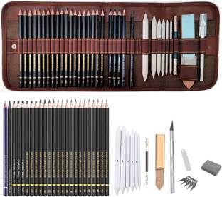 Definite Art 35 Pieces Professional Sketching and Drawing Art Tool Kit; Graphite Pencils- 14B, 12B, 10B, 8B, 7B, 6B, 5B, 4B, 3B, 2B, B, H, HB, 2H, 3H, 4H, 5H, 6H and 7H (19 Pencils); Charcoal Pencils - Hard, Medium and Soft (3 Pencils); 1 Woodless Graphite Pencil- 6B and 1 Sketch Eraser Pencil (Pack of 24), 6 X Paper Art Blending Stumps, 1 X 13cm Pencil Extender, 1 X Sandpaper Strip and 1 X Kneadable Eraser, 1 X Detail Hobby Knife (5 Extra Blades) and 1 Canvas Rolling Pouch