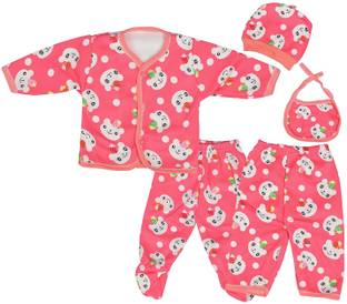 PIKIPOO New Born Baby Winter Wear Keep warm Cartoon Printing Baby Clothes 5Pcs Sets Cotton Baby Boys Girls Unisex Baby Fleece / Falalen Suit Infant Clothes First Gift For New Baby.Pink