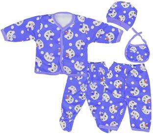 PIKIPOO New Born Baby Winter Wear Keep warm Cartoon Printing Baby Clothes 5Pcs Sets Cotton Baby Boys Girls Unisex Baby Fleece / Falalen Suit Infant Clothes First Gift For New Baby.Blue