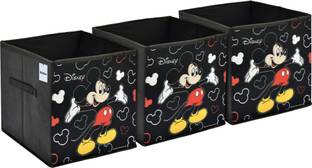 Billion Designer Disney Mickey Mouse Print Non Woven Fabric 3 Pieces Foldable Large Size Storage Cube Toy,Books,Shoes Storage Box With Handle (Black) Billion02317