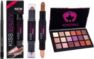Crynn Smudge Proof Essential Makeup HD18 Rosedale Beauty Kajal & Kiss Beauty Concealer Highlighter Contour Stick & Desert Dusk Glam Blushed Eyeshadow Palette
