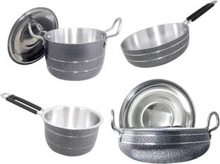 bartan hub Cookware Set of 4 (Handi 2500 ML, Pot 1500 ML, Saucepan 1500 ML, Frying Pan 20 cm, Aluminium Made, Dishwasher Safe) Cookware Set