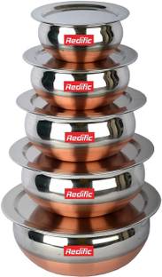Redific cookware set stainless steel handi set copper bottom handi set of 5 Cookware/ Container set/milk pot pan/patila/bhagona/Serving bowl/biryani cook & serve Set With Lids (Stainless Steel, Copper, Induction Bottom) Stainless Steel Serving Bowl (Silver, Pack of 5) Cookware Set