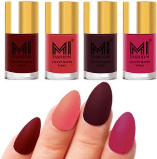 MI FASHION Premium Quality Dull Velvet Matte Nail Polish Duo Pont Flat Brush Exclusive Combo No-249 Red,Light Peach,Wine,Pink