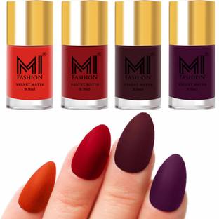 MI FASHION Premium Quality Dull Velvet Matte Nail Polish Duo Pont Flat Brush Exclusive Combo No-232 Orange,Tomato Red,Wine,Purple