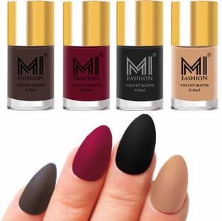 MI FASHION Premium Quality Dull Velvet Matte Nail Polish Duo Pont Flat Brush Exclusive Combo No-87 Coffee,Mauve,Black,Nude