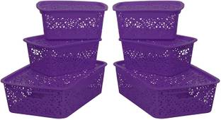 Cutting EDGE Plastic Storage Basket Organiser For Closet | Wardrobe | Kitchen | Vegetables | Toys | Books | Office | Stationery | Utility | Cosmetics | Accessories Baskets With Lid (Purple) (2Xmedium, 4Xsmall) (Pack Of 6) Storage Basket