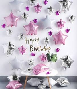 BashNSplash Solid Happy Birthday Pink with Silver & Pink Star Foil Balloons (PACK OF 25) Balloon