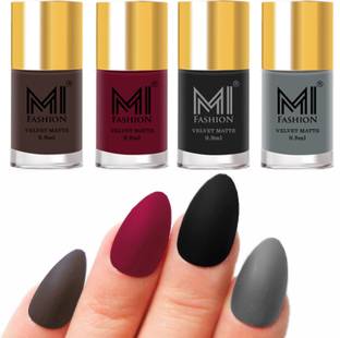 MI FASHION Premium Quality Dull Velvet Matte Nail Polish Duo Pont Flat Brush Exclusive Combo No-85 Coffee,Mauve,Black,Grey