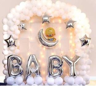 Anayatech Solid Premium White Baby Shower Decoration Items, 114Pc DIY Kit with Silver Baby Foil Letters, Moon Star & Baby Foil balloons, Led Light & Balloon Pump For Baby shower & Baby Welcome Decoration Balloon (Multicolor, Pack of 111)