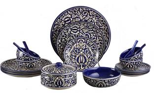 caffeine Pack of 19 Ceramic Handmade Blue Mughal Dinner Set Dinner Set