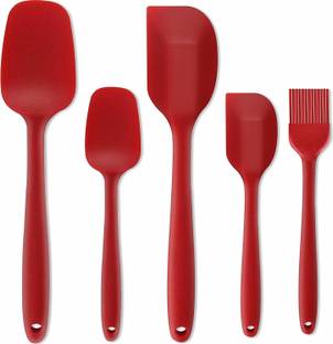 INKULTURE 5 Piece Kitchen Tool Silicone Spoonula, Spatula and Basting Brush, Heat Resistant and Non-Stick Cookware Cooking Utensil Set, Dishwasher Safe, Red Kitchen Tool Set