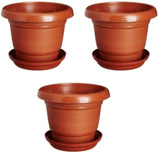Ramanuj (Pack of 3 With Tray) Heavy Duty Plastic Size-8 inches Future Green High Quality Round Gardening Flower Pots With Tray Outdoor/Indoor (Pack Of 3 ) Plant Container Set Brown Plant Container Set