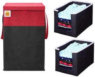 JustandKrafts 3 FS1030_RedandBlack Present Organiser Laundry Basket and Shirt stacker for Cloth and Baby Cloth andToy