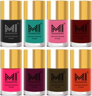 MI FASHION Unique Velvet Matte Nail Polish Sets Cosmetics Nail Paint Combo-No-305 Black,Sky Blue,Baby Pink,Red,Neon Pink,Magenta,Olive Brown ,Orange