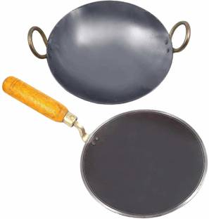 KITCHEN SHOPEE Iron Skillet Frying Pan with Double Handle And Iron Tawa 8 in 9 in diameter ,Diameter (cm) - 20.32,, 22.86, Kadhai 25 cm diameter 2.5 L capacity