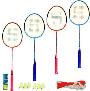 Shivgan extra combo Multicolours Badmintion Set of ( 4 Racket and 6 Naylon Shuttle And 1 badmintion Net ) Complete set Badminton Kit