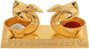 Craftam Beautiful Roli-Chandan, Chawal-Akshat- haldi - Kumkum Box with Loving Bird Duck Pair chopda for Gift and Pooja Purpose Decorative Showpiece  -  6 cm