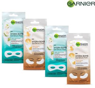GARNIER Eye Serum Masks Combo - 2 Hydra Bomb Eye Masks (Orange) + 2 Hydra Bomb Coconut Water Cooling Eye Serum Mask (Blue), 70 g (Pack of 4)