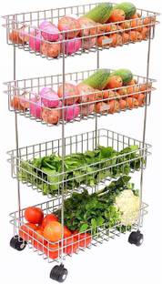 RYB Kitchen Trolley Portable Modern Storage Rack Design Fruits & Vegetable Onion Cutlery, Spice, Pickles Jars Container Basket Organizer Holder Stand for Kitchen (S.S 4 Layer) Fruits/Vegetables Kitchen Rack (Steel) Stainless Steel Kitchen Trolley