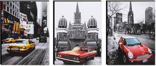 Indianara SET OF 3 VINTAGE CARS ART MDF Panel Painting Digital Reprint (3153FL) Digital Reprint 27 inch x 12 inch Painting