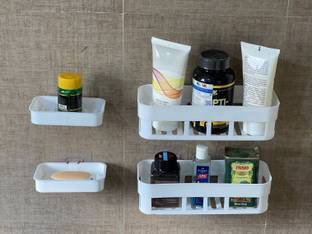 MOSHTU Wall Mount Bathroom Accessories for Home Decor with Self Adhesive Sticker Plastic Wall Shelf