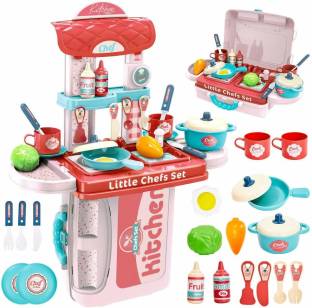 J K INTERNATIONAL 3 in 1 Kitchen Suitcase for Kids Mini Play Set Portable Cooking Toys for Girls