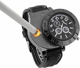Huayue Metal Body Heavy Weight Quartz Movement Watch Comes In Beautiful Gifting Box- Perfect Gift For Cigarette Lovers Black Dial Chronograph Looks Analogue Men Wrist Watch | Durable Rubber Strap Wrist Watch Cum Rechargeable Flameless Lighter |Micro USB Charging Cable Included Cigarette Lighter