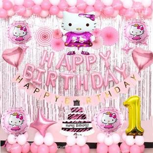 Anayatech Ist birthday kitty birthday combo-1 happy foil banner,1 birthday banner,1 kitty foil,4 round kitty balloon,2 heart ,2 silver curtain,1 no foil,14 pink balloon,14 white balloon-pack of 52