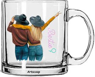 Artscoop Cool Funny Besties Printed Transparent Glass Coffees For Best Friends Glass Coffee Mug