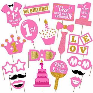 PartyDecoration Girls First Birthday Photo Booth Props-19Pcs for 1st Bday Theme Supplies/Girl Baby Kids Combo Decorations Items/Cake Smash/High Chair,Babies Room Decor/Sticks Attached Props Photo Booth Board