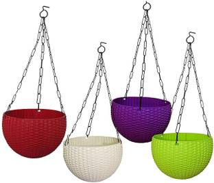 Funtastik Round Rattan Woven Plastic Flower Hanging Planter/Beautiful Round Gamla Pot/Flower Hanging Pot for Garden Balcony Plant Container Set