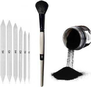 Definite Art White Paper Art Blending Stumps or Tortillon for Shading, Blending and Smudging (Pack of 6), Blending Foundation Brush and Pure Powdered Charcoal, Fine and Uniform Particles, Soft and Dark (90gm) ; Ideal Drawing Set for Students, Professionals, Artists