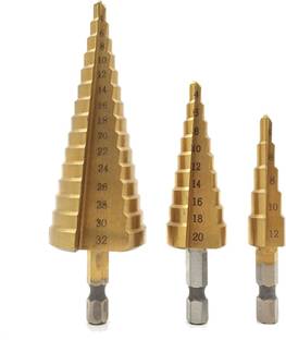 uptodateprouducts 3X HSS Steel Step Cone Drill Titanium Bit Set Hole Cutter 4-12/20/32mm 3X HSS Steel Step Cone Drill Set Rotary Bit Set