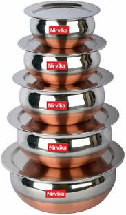Nirvika New Handi set Pot 5 Piece Set Combo Serving Handi with lid copper bottom handi Pot 5 Piece Set/Steel Handi Set 5 Piece Set/Cookware Chetty Combo Set with lid (Stainless Steel, Non-stick, Induction Bottom) Handi 2.1 L with Lid