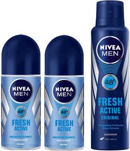 Nivea Men Fresh Active Roll On & Fresh Active Deodorant Combo - Pack of 3 Deodorant Spray  -  For Men