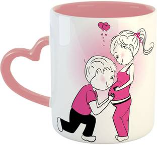 ARTBUG Man Kissing Pregnant Belly of His Wife Printed Ceramic Coffee for Pregnant Women, Wife, Baby Shower-Pink Heart Handle - 3977 Ceramic Coffee Mug