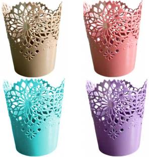 ZUCLLIN Plastic Hollow Flower Basket | Bucket Pen Stand Makeup brushes, Cutlery Holder Stationery Desk Organizer for Home Office (Pack of 4) Storage Basket