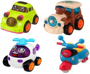 K A Enterprises combo set of 4 friction powered cute push and go toys - car, helicopter, scooter and train engine, toy pack for toddlers, baby, kids, child, girls(4 piece)-Multi color