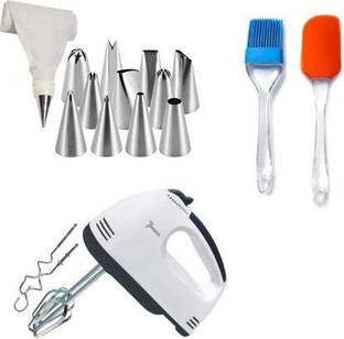 SHREE SADGURU CREATION 12 Piece Cake Decorating Set Frosting Icing Piping Bag Tips with Steel Nozzles Reusable & Washable, Silicone Spatula and Pastry Brush Set Special for Cake Mixer, Cooking, Baking, Glazing - Set of 1, Scarlette Hand Mixer Electric, 7-Speed Hand Mixer with Turbo Handheld Kitchen Mixer Includes Beaters, Dough Hooks and Storage Case, White Kitchen Tool Set Kitchen Tool Set