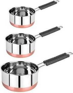 Nirvika Stainless Steel Copper bottom Sauce Pan / MILK PAN / TEA PAN 3 pcs COMBO SET Capacity:- 1 liter, 1.5 liter, 2 Liter (stainless steel) Sauce Pan 18.5 cm, 17 cm, 15.5 cm diameter 2 L, 1.5 L, 1 L capacity