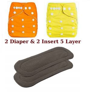Playalong Reusable Cloth Diaper, Washable Adjustable Infants Nappy with Insert- (0-12 Months, Pad Included) - Pack/Combo of (2 Cloth Diaper+2 Charcoal 5 layer Insert)